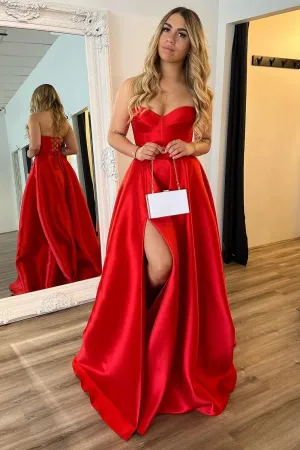 A Line Sweetheart Red Satin Long Prom Dress with Slit TP1399