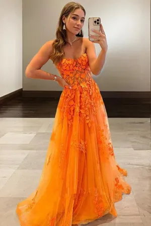 A Line Sweetheart Tulle with Lace Applique Long Prom Dress APP1048