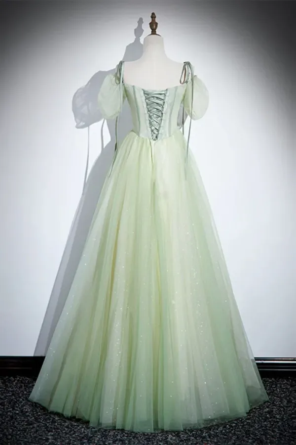 A Line Tulle Lace Green Long Prom Dress, Green Long Evening Dress APP1057