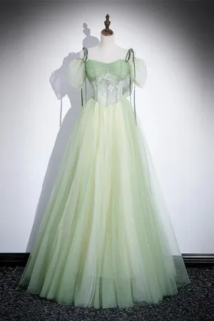 A Line Tulle Lace Green Long Prom Dress, Green Long Evening Dress APP1057
