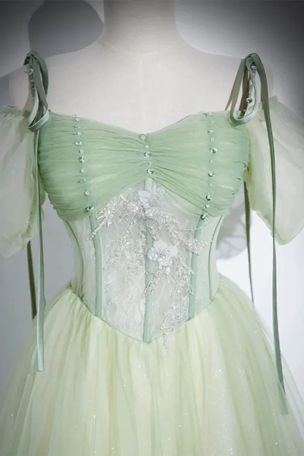 A Line Tulle Lace Green Long Prom Dress, Green Long Evening Dress APP1057