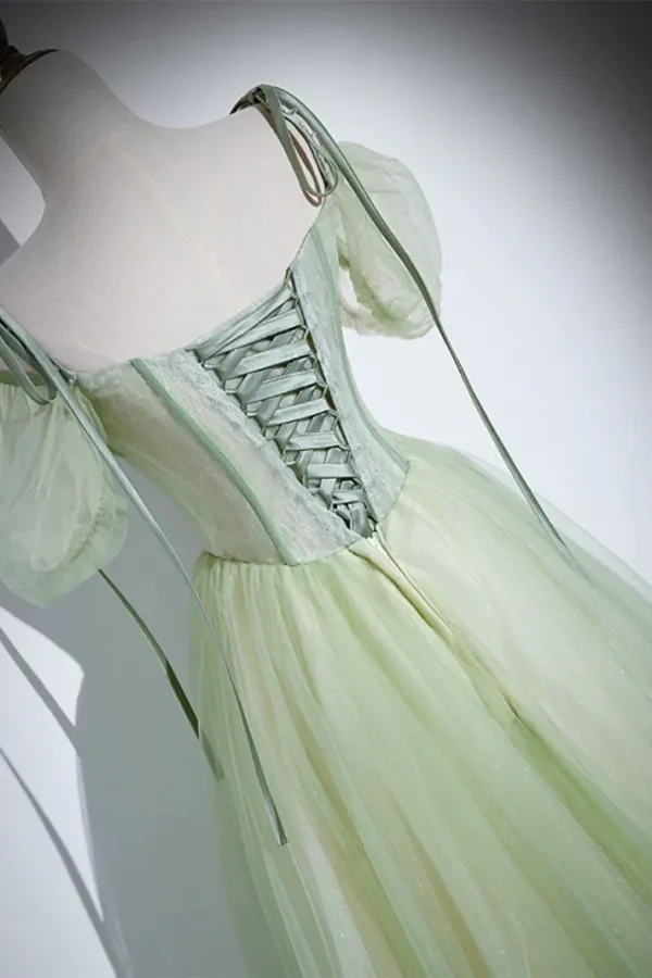 A Line Tulle Lace Green Long Prom Dress, Green Long Evening Dress APP1057
