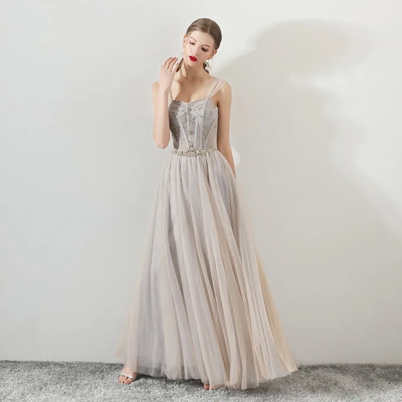 A Line Tulle Long Straps Lace Up Back Beaded Prom Dress,Evening Dress OKG73