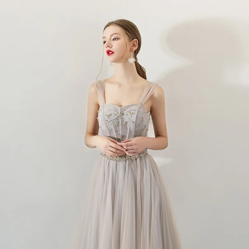 A Line Tulle Long Straps Lace Up Back Beaded Prom Dress,Evening Dress OKG73