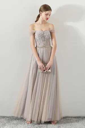 A Line Tulle Long Straps Lace Up Back Beaded Prom Dress,Evening Dress OKG73