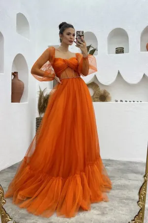 A Line Tulle Orange Long Sleeves Long Prom Dresses Long Evening Party Dresses OK1940