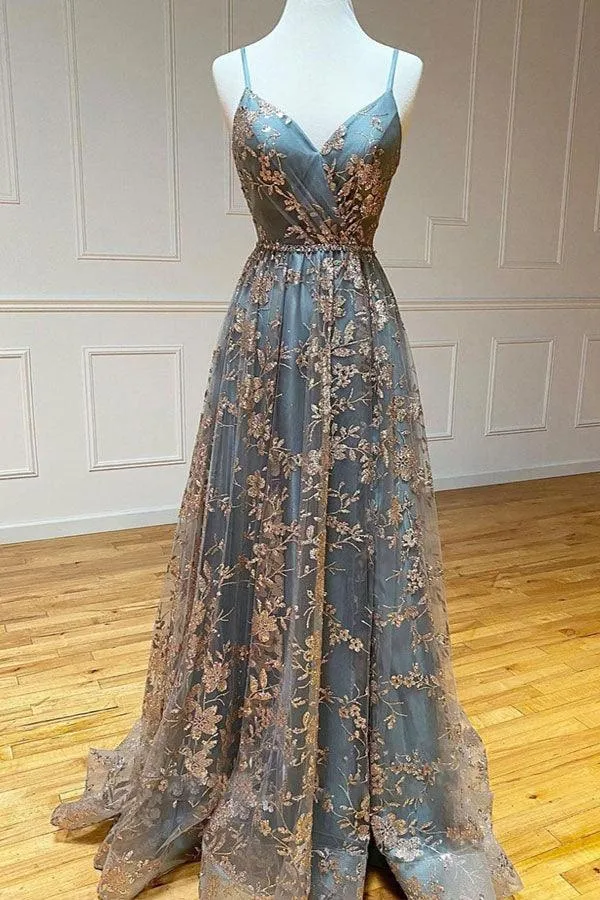 A-line Tulle Straps Sequins Lace Prom Dress Split Evening Dress PSK298