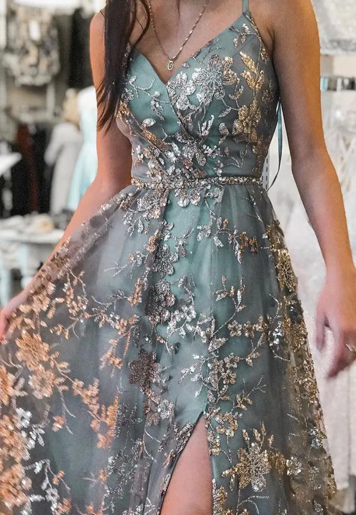 A-line Tulle Straps Sequins Lace Prom Dress Split Evening Dress PSK298