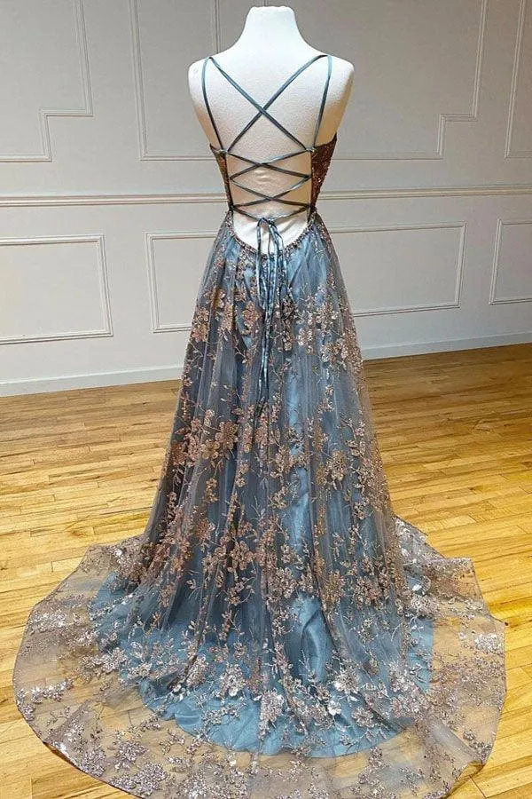 A-line Tulle Straps Sequins Lace Prom Dress Split Evening Dress PSK298
