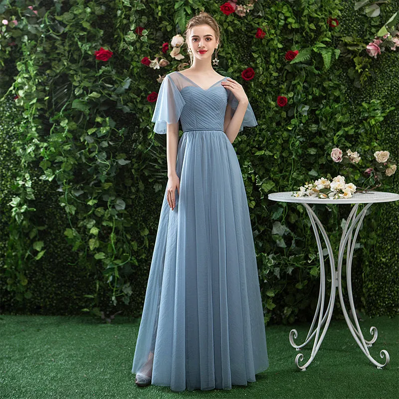 A Line V Neck CHiffon Blue Cheap Prom Dress Long Bridesmaid Dress OKQ81