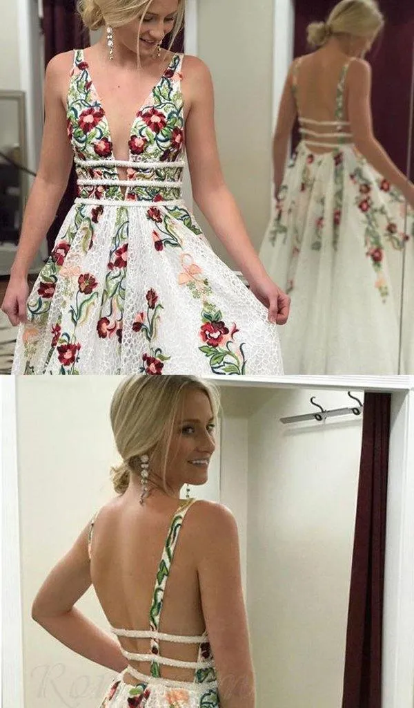 A Line V Neck Ivory Lace Prom Dresses with Embroidery Printed Evening Dresse PG901