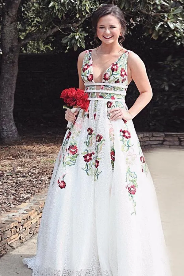 A Line V Neck Ivory Lace Prom Dresses with Embroidery Printed Evening Dresse PG901