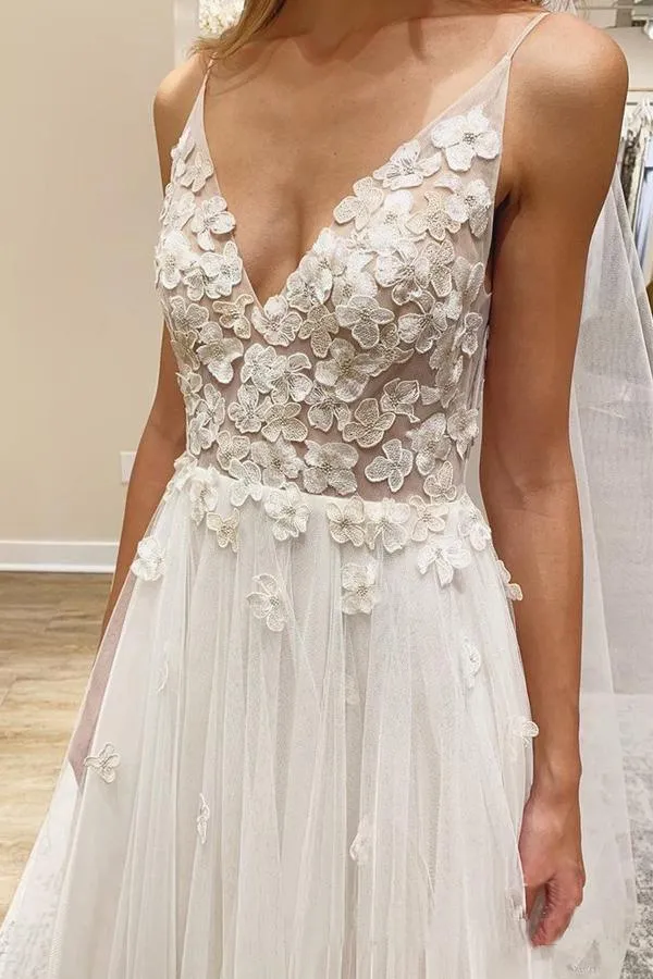 A-line V Neck Ivory Vivid Flowers Wedding Dresses Bridal Gown TN233