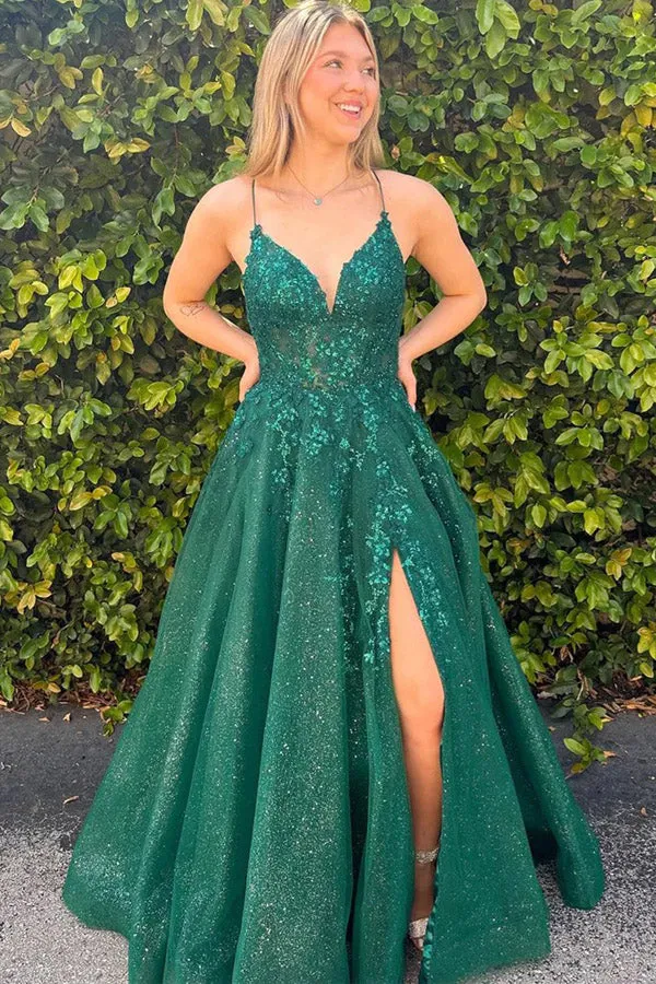 A-line V-neck Lace Appliques Dark Green Long Prom Dress TP1358