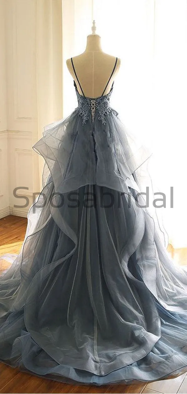 A-line V-Neck Lace Organza Long Real Made Formal Vintage Prom Dresses PD1754