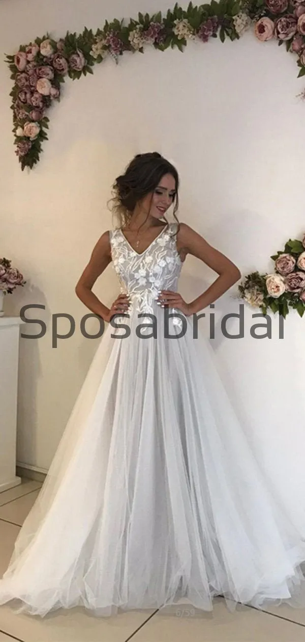 A-line V-Neck Light Gray Vintage Popular Modest Wedding Dresses WD0418