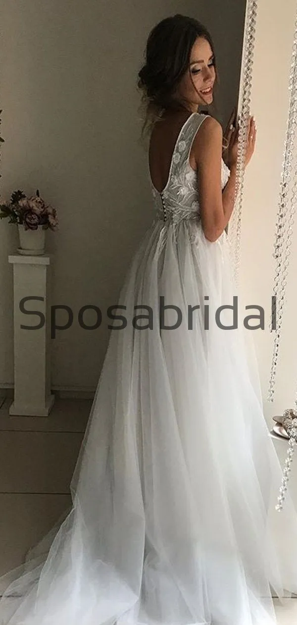 A-line V-Neck Light Gray Vintage Popular Modest Wedding Dresses WD0418