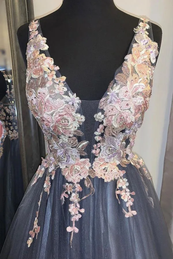 A Line V Neck Smoke Blue Long Prom Dress with Lace Appliques TP1009