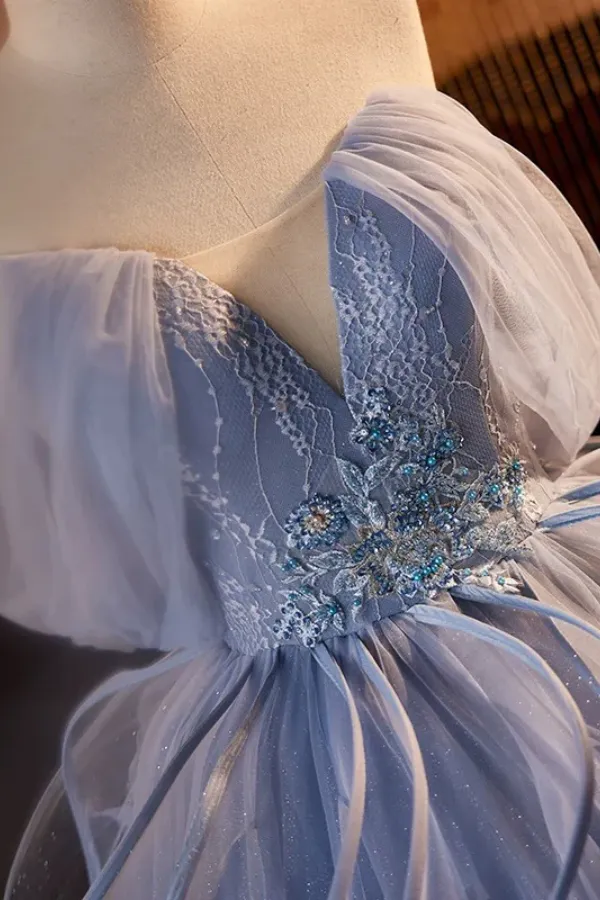 A Line V Neck Tulle Lace Gray Blue Long Prom Dress, Blue Long Sweet 16 Dress APP1052