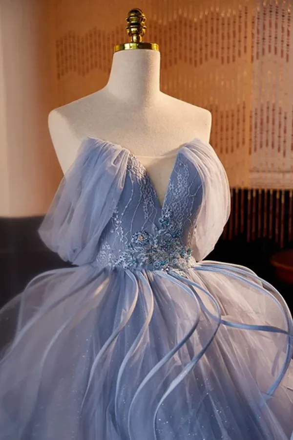 A Line V Neck Tulle Lace Gray Blue Long Prom Dress, Blue Long Sweet 16 Dress APP1052