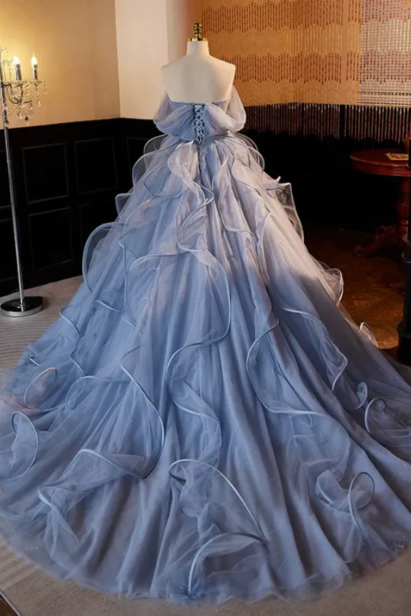 A Line V Neck Tulle Lace Gray Blue Long Prom Dress, Blue Long Sweet 16 Dress APP1052