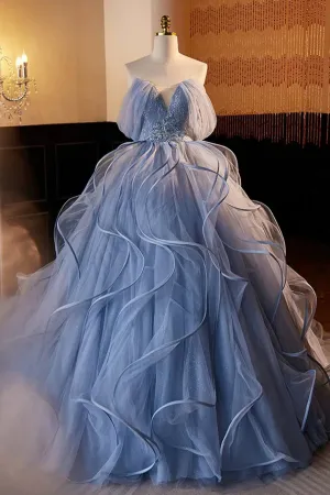 A Line V Neck Tulle Lace Gray Blue Long Prom Dress, Blue Long Sweet 16 Dress APP1052