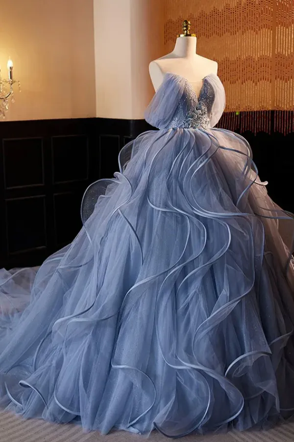 A Line V Neck Tulle Lace Gray Blue Long Prom Dress, Blue Long Sweet 16 Dress APP1052