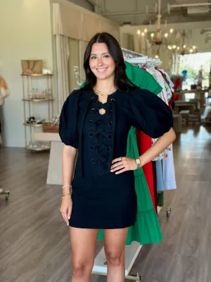 AA1060 Black Puff Sleeve Lace Up Mini Dress