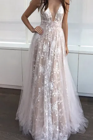 Anneprom A-Line Deep V-Neck Floor-Length Sleeveless Tulle Prom Dress Evening Dress APP0154