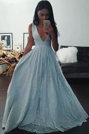 Anneprom A-Line Deep V-Neck Light Blue Prom Dress With Appliques Beading APP0135