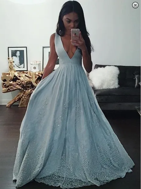 Anneprom A-Line Deep V-Neck Light Blue Prom Dress With Appliques Beading APP0135