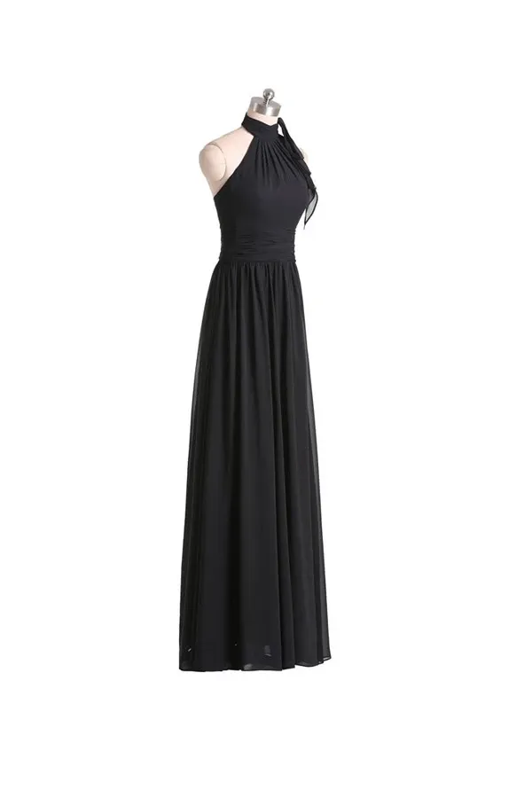 Anneprom A-Line Halter Floor Length Chiffon Black Bridesmaid Dress With Pleats APB0053