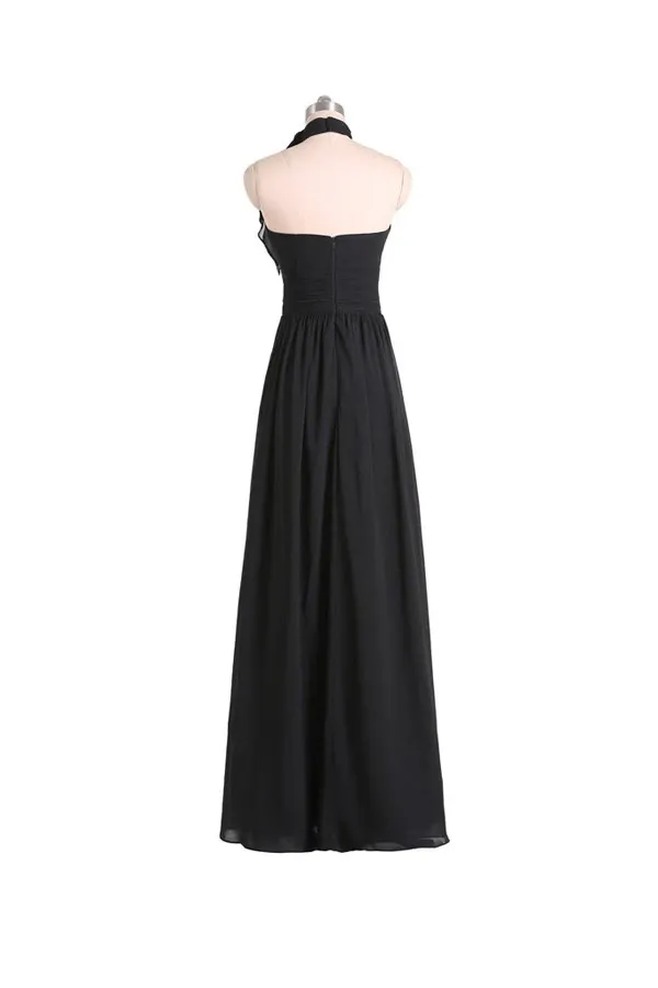 Anneprom A-Line Halter Floor Length Chiffon Black Bridesmaid Dress With Pleats APB0053