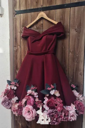 Anneprom A-Line Off-the-shoulder Burgundy Juniors Homecoming Dress Floral Short/Mini Prom Dresses APH0040
