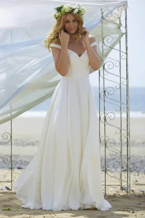 Anneprom A-Line Off-The-Shoulder Sweep Train Chiffon Beach Wedding Dress  APW0177