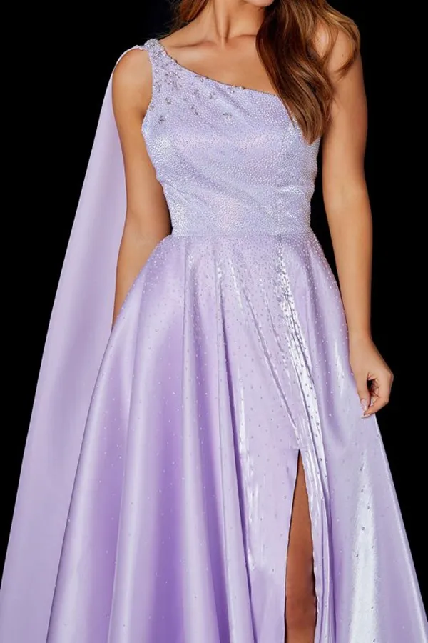 Anneprom A Line One Shoulder Satin Split Front Floor Length Prom Dress APP0554