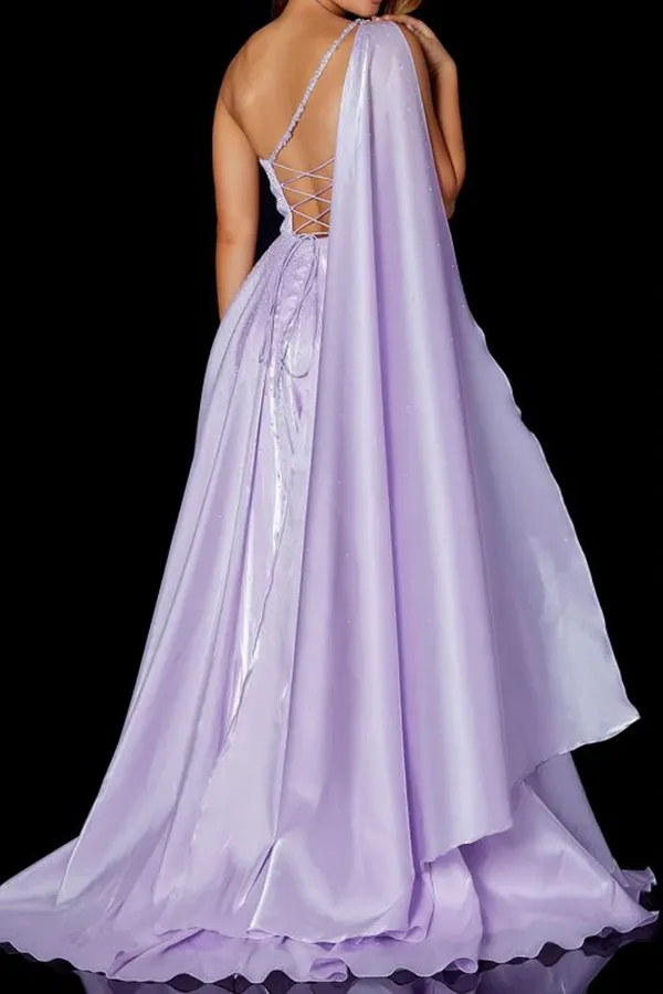 Anneprom A Line One Shoulder Satin Split Front Floor Length Prom Dress APP0554