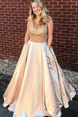 Anneprom A-Line Scoop Floor-Length Satin Pocket Prom Dress With Beading APP0267