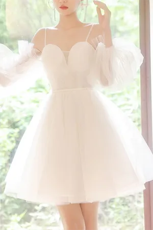 Anneprom A line Spaghetti Straps Tulle Homecoming Dress Off the shoulder Short Prom Dress APH0144