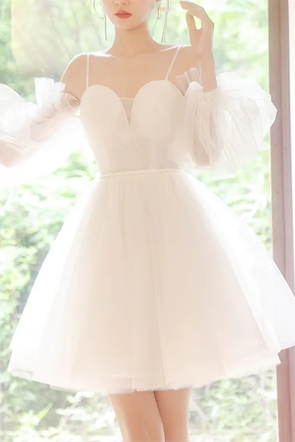 Anneprom A line Spaghetti Straps Tulle Homecoming Dress Off the shoulder Short Prom Dress APH0144
