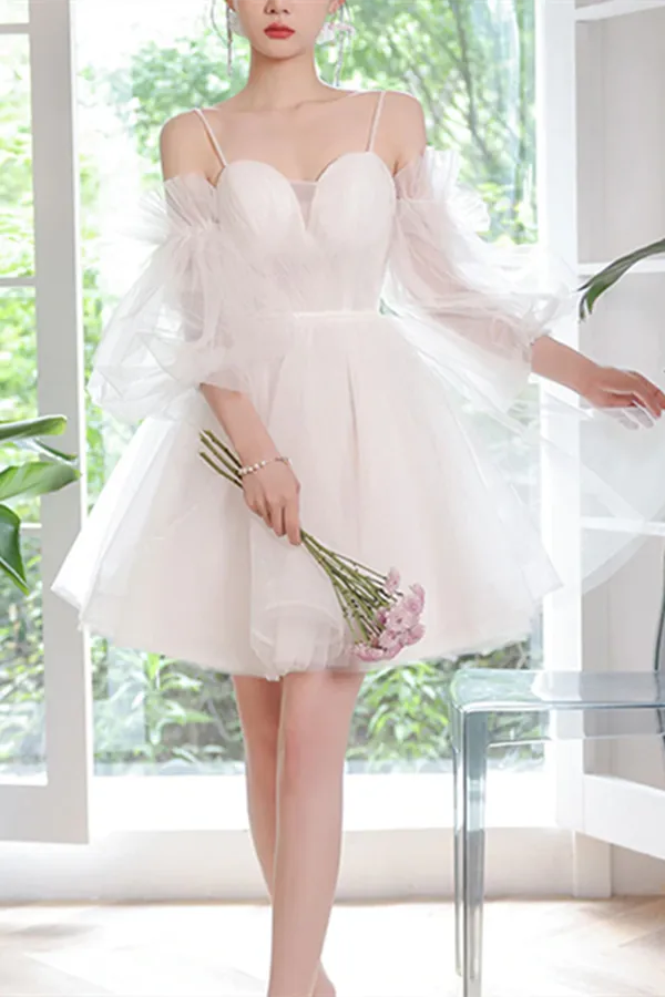 Anneprom A line Spaghetti Straps Tulle Homecoming Dress Off the shoulder Short Prom Dress APH0144