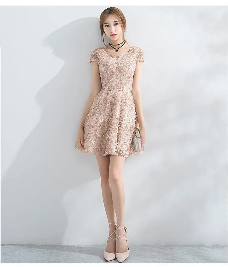 Anneprom Beautiful A Line Short Sleeves Mini Lace Homecoming Dresses APH0066