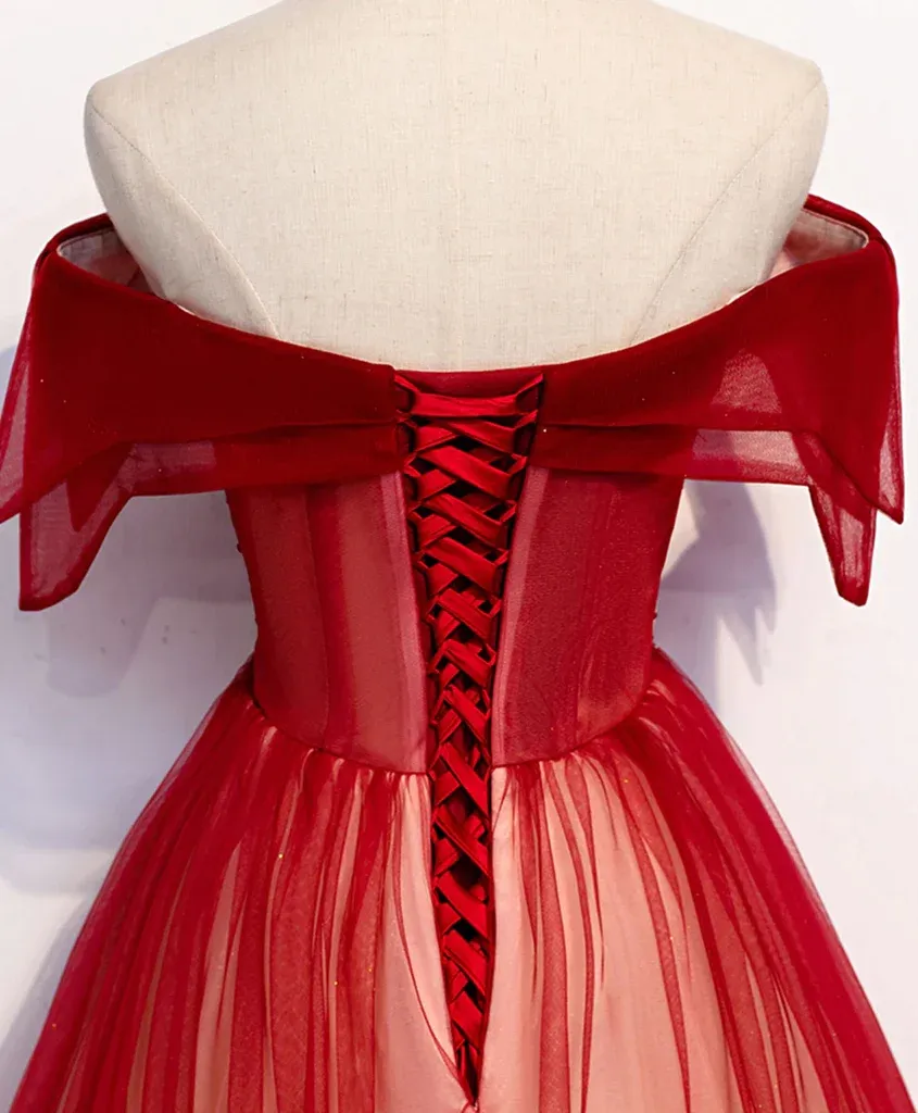 Anneprom Burgundy Off The Shoulder Tulle Long Lace Up Formal Prom Dresses Party Dresses APP0655