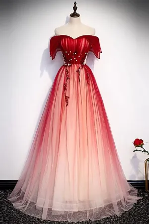 Anneprom Burgundy Off The Shoulder Tulle Long Lace Up Formal Prom Dresses Party Dresses APP0655