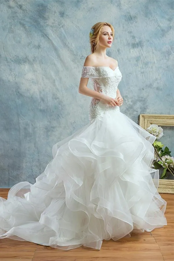 Anneprom Charming Off-The-Shoulder Lace-Up Mermaid Beading Wedding Dress APW0051