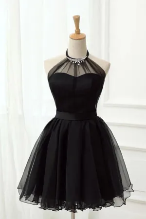 Anneprom Cute Halter Black Tulle Sleeveless Beads Short Prom Dresses Homecoming Dresses APH0122