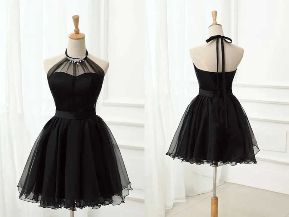 Anneprom Cute Halter Black Tulle Sleeveless Beads Short Prom Dresses Homecoming Dresses APH0122