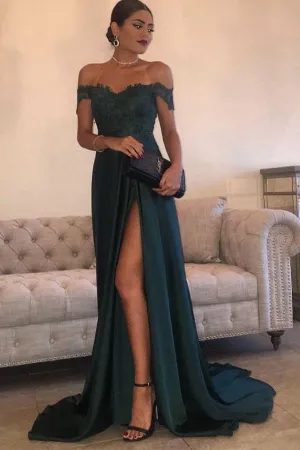 Anneprom Dark Green Prom Dresses Off-The-Shoulder Split Evening Dresses APP0009