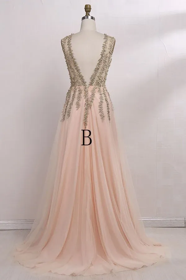 Anneprom Deep V-Neck Sweep Train Sleeveless Tulle Prom Dress With Beading APP0208