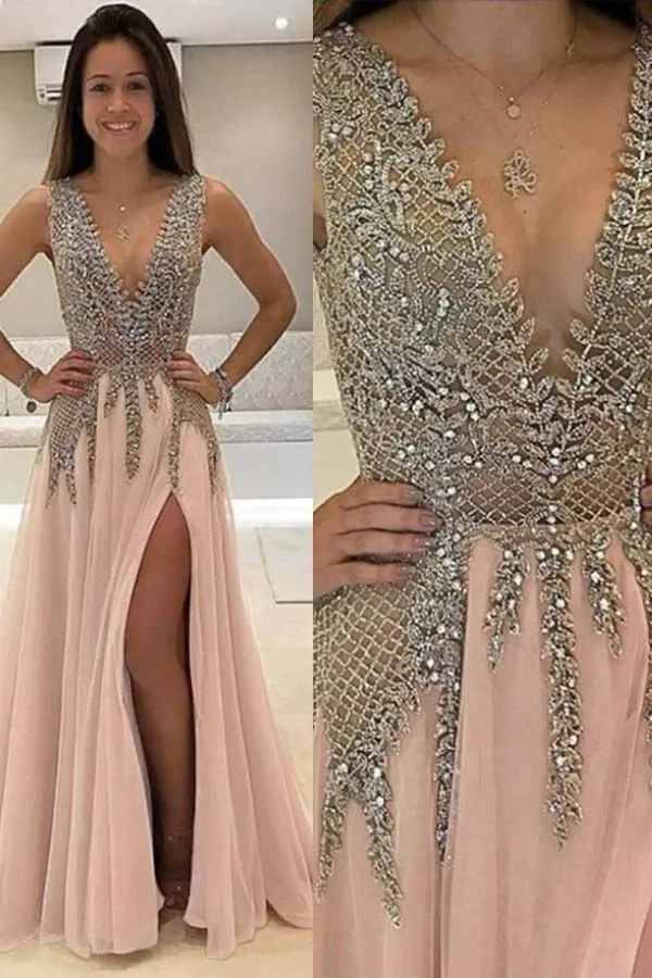 Anneprom Deep V-Neck Sweep Train Sleeveless Tulle Prom Dress With Beading APP0208